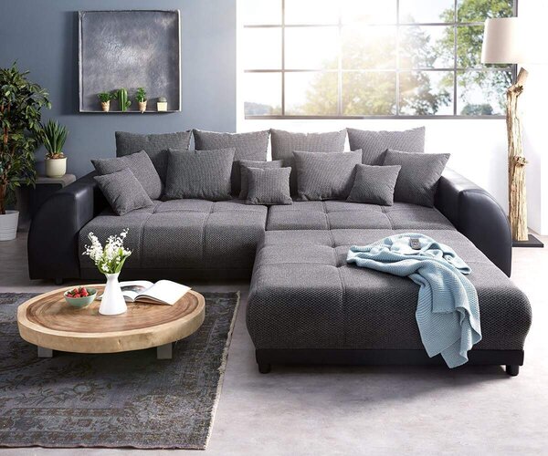 Canapea extensibilă dumonde cu 2 lăzi de depozitare si sezut confortabil din spuma high-density, Verona Magma Black 310x120 cm cu taburet inclus
