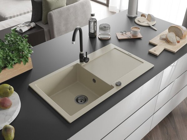 Mexen Leo, chiuveta granit 900x500x190 mm, 1 camera, bej cu sifon negru, 6501901010-69-B