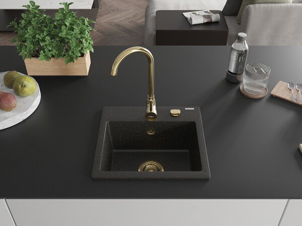 Mexen Milo, chiuvetă din granit 435x410x171 mm, 1 cameră, negru-auriu metalic cu sifon auriu, 6505441000-75-G