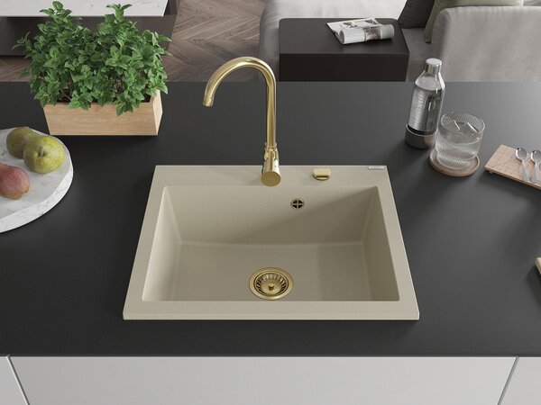 Mexen Elix, chiuvetă granit cu 1 vas 600 x 500 mm, bej, sifon auriu, 6525601005-69-G