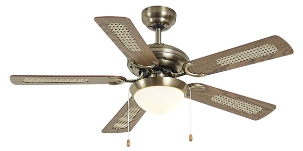 Ventilator de tavan din alamă cu imprimeu de lemn și ratan 105cm cu comutator cu lanț - Mistral Majas