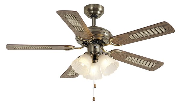 Ventilator de tavan din alamă cu imprimeu de lemn și ratan 105cm cu comutator cu lanț - Mistral Lia