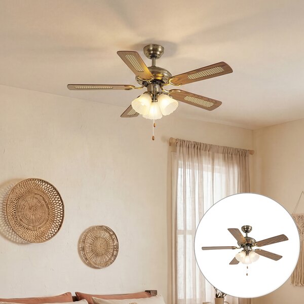 Ventilator de tavan din alamă cu imprimeu de lemn și ratan 105cm cu comutator cu lanț - Mistral Lia