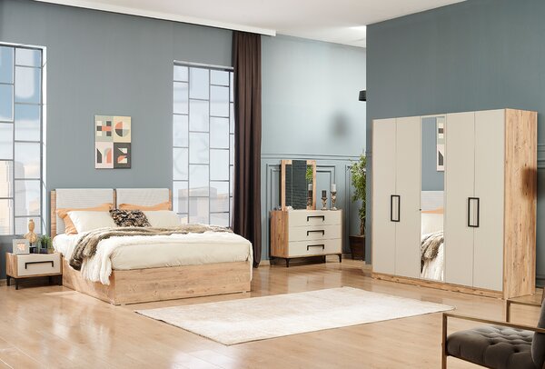 Set Dormitor ALYANS, 6 piese, pat cu somiera rabatabila 160x200 cm, dulap 5 usi, comoda, oglinda, 2 noptiere