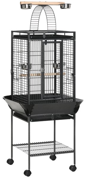 PawHut Colivie pentru Perusi cu 2 Stinghii de Lemn si Scara Acuita, Cusca pentru Pasari din Otel cu Intrari Multiple, 62.5x62.5x156 cm, Gri