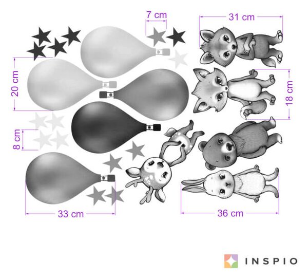 INSPIO-Autocolant textil - Autocolante alb-negru - animale INSPIO cu baloane