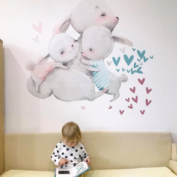 INSPIO-Autocolant textil - Autocolant pentru perete acuarelă - Familie de iepurași cu inimioare