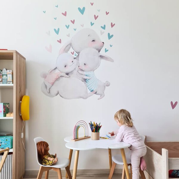 INSPIO-Autocolant textil - Autocolant pentru perete acuarelă - Familie de iepurași cu inimioare