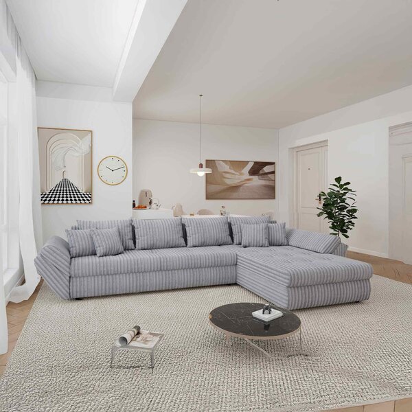 Colțar extensibil dumonde cu ladă de depozitare si sezut confortabil din spuma high-density, Loana XL Tilia Gri 86 II 335x185 cm