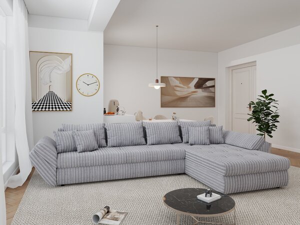 Colțar extensibil dumonde cu ladă de depozitare si sezut confortabil din spuma high-density, Loana XL Tilia Gri 86 II 335x185 cm
