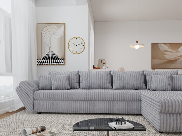 Colțar extensibil dumonde cu ladă de depozitare si sezut confortabil din spuma high-density, Loana XL Tilia Gri 86 II 335x185 cm