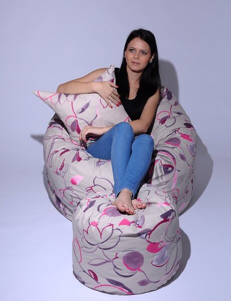 Set Fotoliu Matusalem cu Otoman (suport picioare) si Perna, Material Textil - Flower Buds