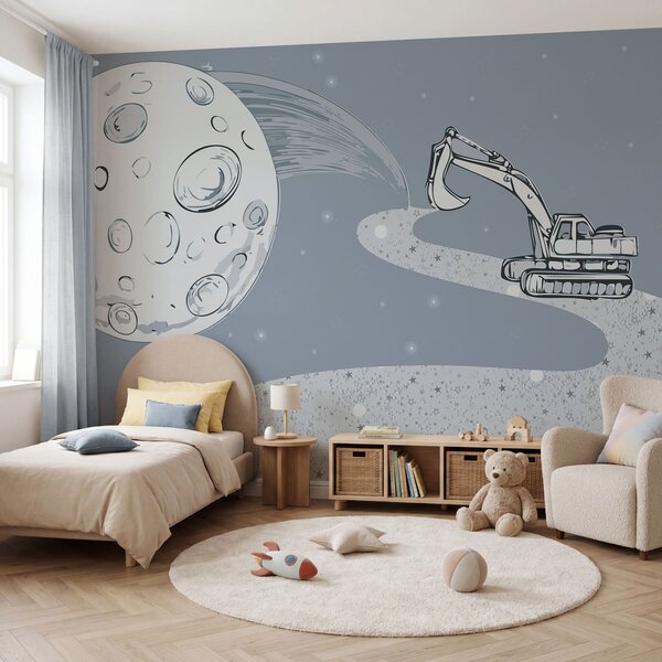 Fototapet Desen animat cu un buldozer și o lună, Fototapet spațiu cosmic, Fototapet populare, w04055 - Tapeko.ro