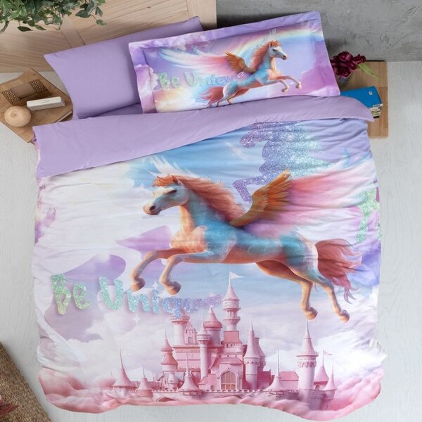 Lenjerie de pat 1 persoana 3D digital, bumbac 100% ranforce, Unicorni de Poveste
