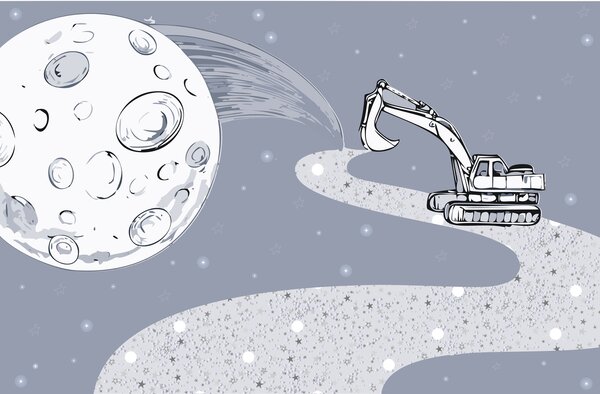 Fototapet Desen animat cu un buldozer și o lună, Fototapet spațiu cosmic, Fototapet populare, w04055 - Tapeko.ro