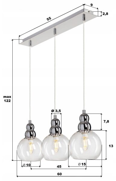 Lustră pe cablu AKSO 3xE14/40W/230V crom mat