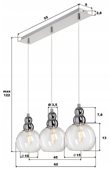 Lustră pe cablu AKSO 3xE14/40W/230V argintiu