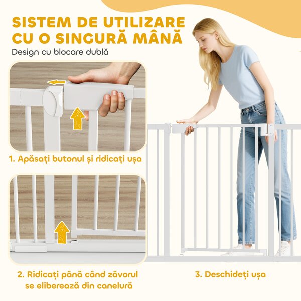 PawHut Poartă de Siguranță pentru Copii și Animale, Extensibilă 96-103 cm, Înălțime 76 cm, Poartă pentru Câini, Scări și Uși, Închidere Automată, Montaj prin Presiune, Deschidere în Ambele Direcții, Alb | Aosom Romania