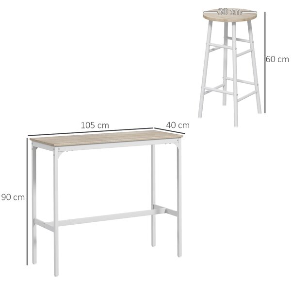 HOMCOM Set masă înaltă de bar + 2 scaune cu structură din oțel și blat cu aspect de lemn natural, pentru 2 persoane, alb | Aosom Romania