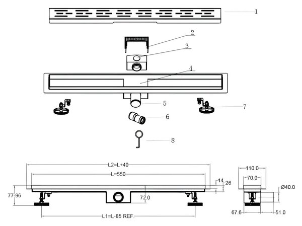 Rigola De Dus ZenFlow MB1 550mm, Otel Inoxidabil, Negru Mat