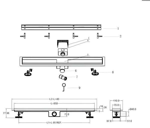 Rigola De Dus ZenFlow MB2 850mm, Faiantabila, Otel Inoxidabil, Negru Mat