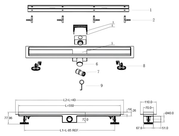 Rigola De Dus ZenFlow MB2 550mm,Faiantabila, Otel Inoxidabil, Negru Mat