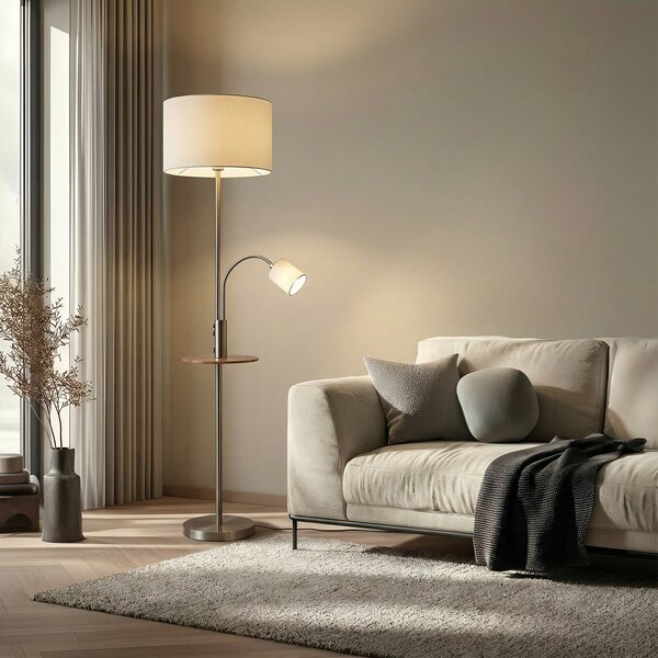 Lindby Lampadar Aovan, culoare nichel, raft, port USB, Gri, Camera de zi / sufragerie, Metal, Modern, Lumină de lectură
