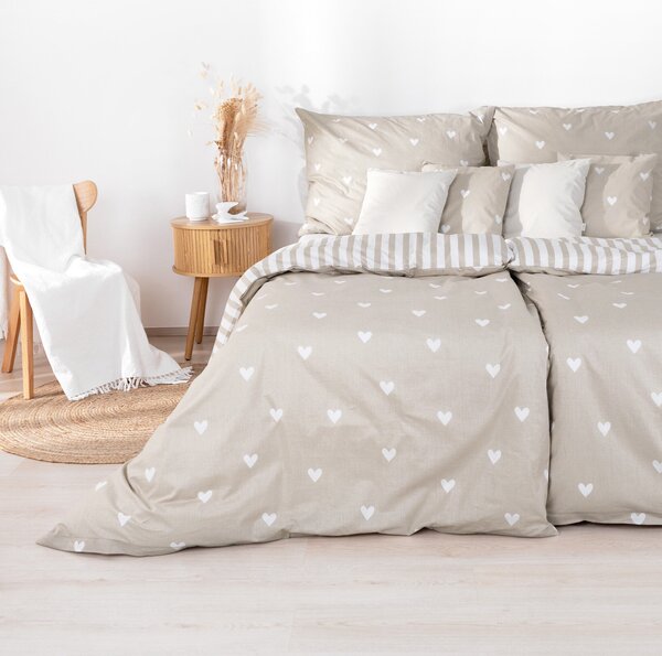 Goldea lenjerie de pat din 100% bumbac - inimioare pe latte cu dungi 150 x 200 și 50 x 60 cm
