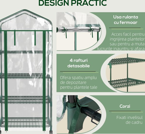 Outsunny Sera verticala pentru plante cu rastel cu 4 rafturi, sera din otel si PVC alb pentru balcon si terasa, 69x50x165cm | Aosom Romania