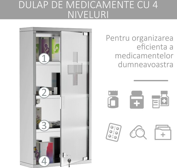 Dulap medicamente cu 4 rafturi HOMCOM, 30x12x60cm | Aosom Romania