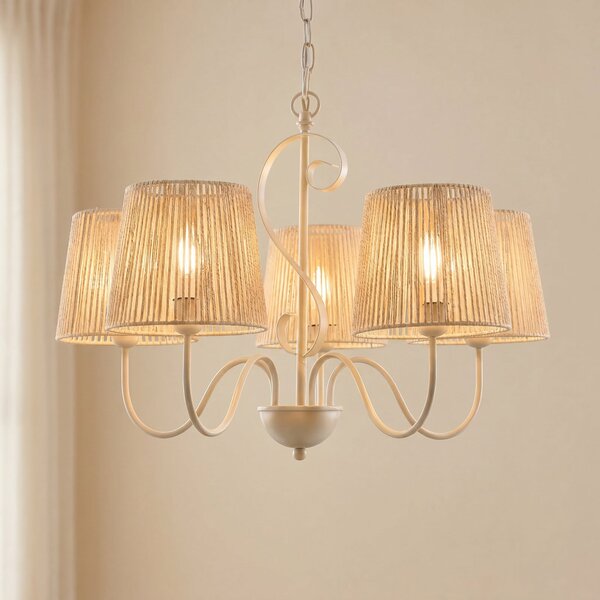 Lucande Lustră Eugenia, cu 5 becuri, cablu, Ø 65 cm, bej, reglabil, Bej, Camera de zi / sufragerie, Hârtie / Carton, Candelabru