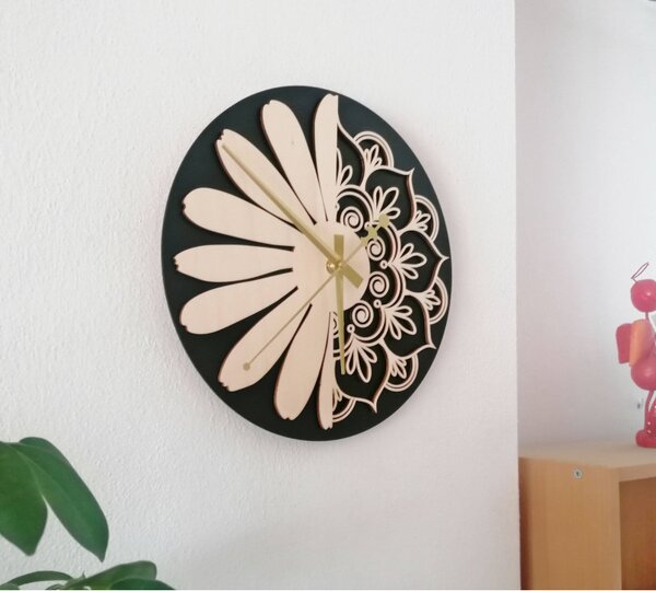 Ceas de perete din lemn model floare a vieții: MDF negru/ placaj plop PR0374