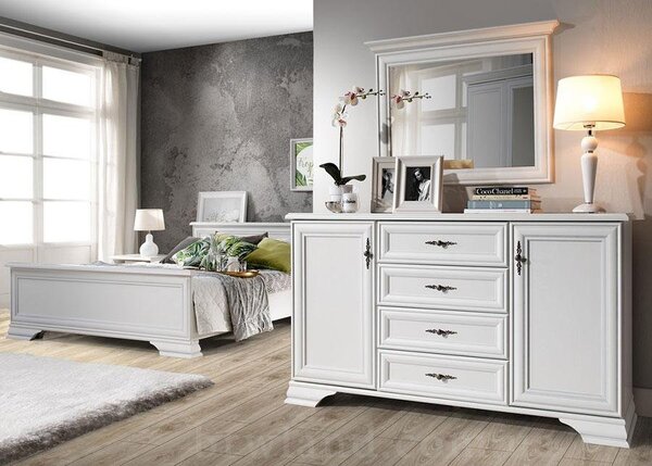 Dormitor Kentuki 1, Dulap 5 usi + 2 sertare, Comoda 2 usi + 4 sertare, Pat 160x200 cm, 2 noptiere, Alb