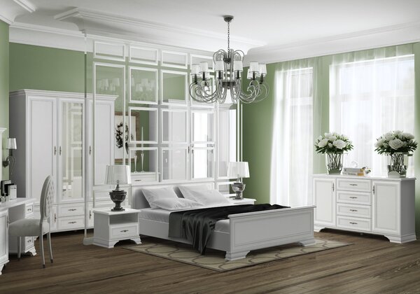Dormitor Kentuki 1, Dulap 5 usi + 2 sertare, Comoda 2 usi + 4 sertare, Pat 160x200 cm, 2 noptiere, Alb