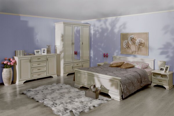 Dormitor Kentuki 1, Dulap 5 usi + 2 sertare, Comoda 2 usi + 4 sertare, Pat 160x200 cm, 2 noptiere, Alb