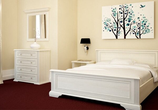 Dormitor White, Dulap 3 usi, comoda 4 sertare, pat 160x200cm, 2 noptiere, Alb texturat