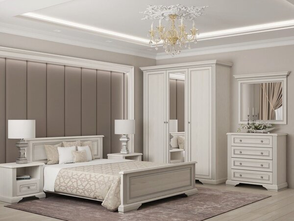 Dormitor White, Dulap 3 usi, comoda 4 sertare, pat 160x200cm, 2 noptiere, Alb texturat