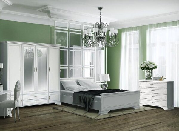 Dormitor Kentuki, Dulap 6 usi + 2 sertare, Comoda 4 sertare, Pat 160x200 cm, 2 noptiere, Alb