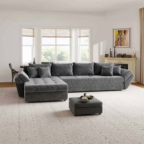 Colțar extensibil dumonde cu ladă de depozitare si sezut confortabil din spuma high-density, Loana XL Cremona Gri 335x185 cm