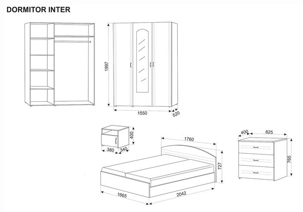 Dormitor Inter Bardolino, pat 160x200 cm, dulap cu 3 usi, comoda, 2 noptiere