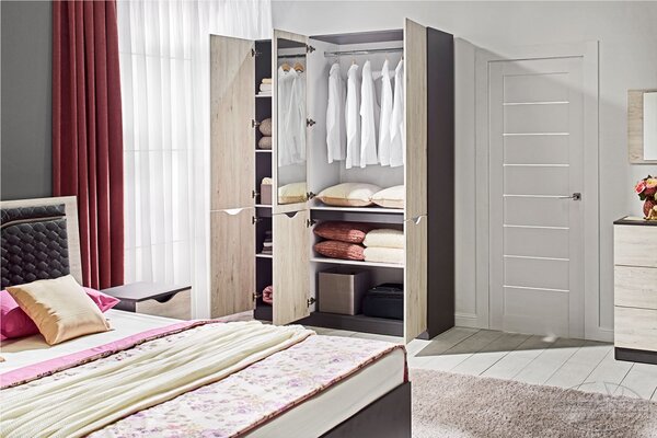 Dormitor Happy alb, pat 160x200 cm, dulap 6 usi, comoda cu oglinda, noptiere