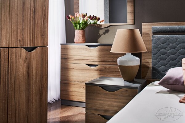 Dormitor Happy nuc, pat 160x200 cm, dulap 6 usi, comoda cu oglinda, noptiere