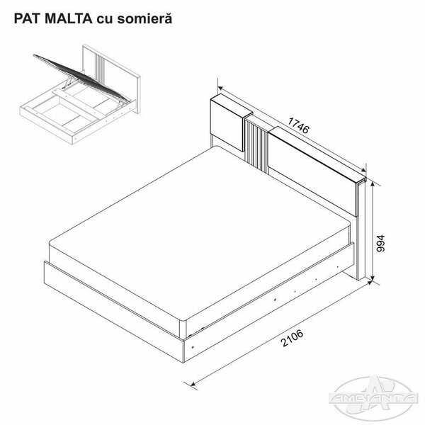 Pat Malta, spatiu depozitare, somiera rabatabila, 160x200 cm, Bej si gri