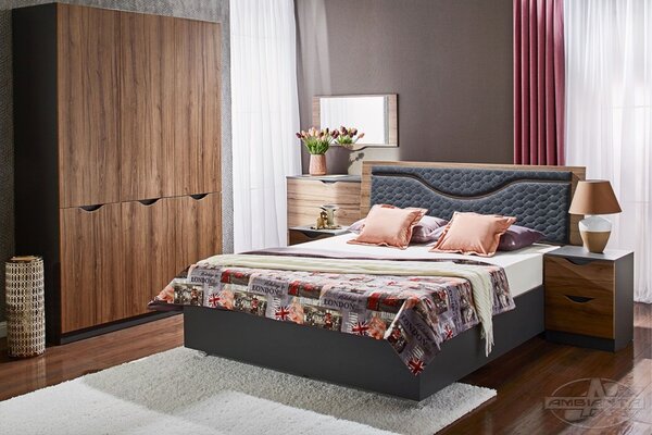Dormitor Happy nuc, pat 160x200 cm, dulap 6 usi, comoda cu oglinda, noptiere