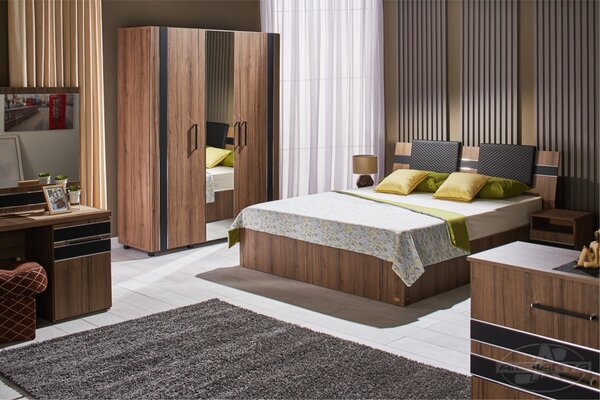 Dormitor Fenix wenge, pat 140x200 cm, dulap 3 usi, comoda, noptiere