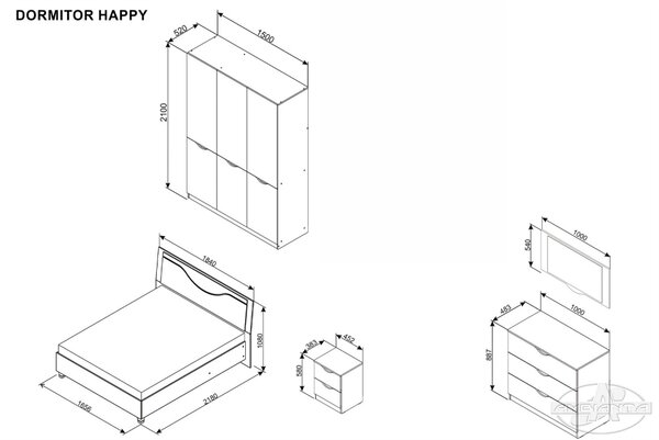Dormitor Happy alb, pat 160x200 cm, dulap 6 usi, comoda cu oglinda, noptiere