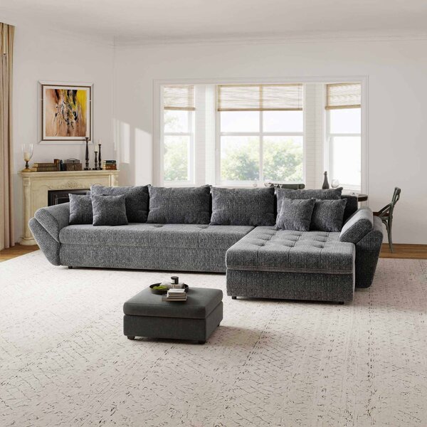 Colțar extensibil dumonde cu ladă de depozitare si sezut confortabil din spuma high-density, Loana XL Cremona Gri II 335x185 cm