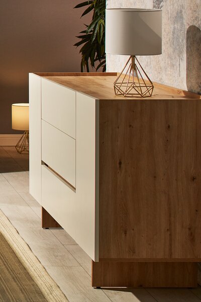 Comoda Kosmo, 2 usi + 3 sertare, 150x85x52 cm, Stejar si Bej