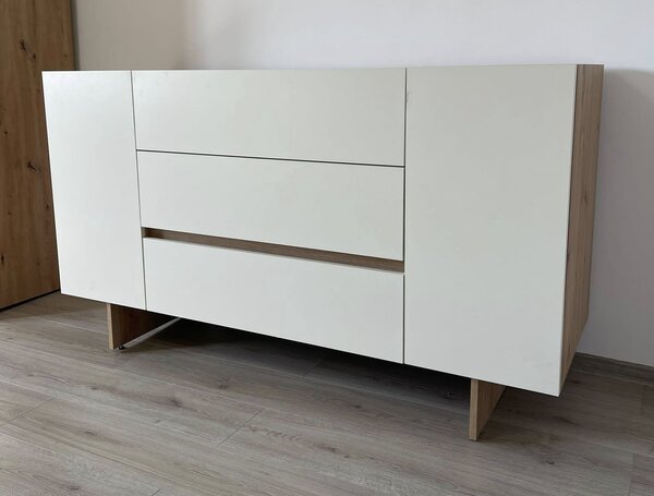 Comoda Kosmo, 2 usi + 3 sertare, 150x85x52 cm, Stejar si Bej