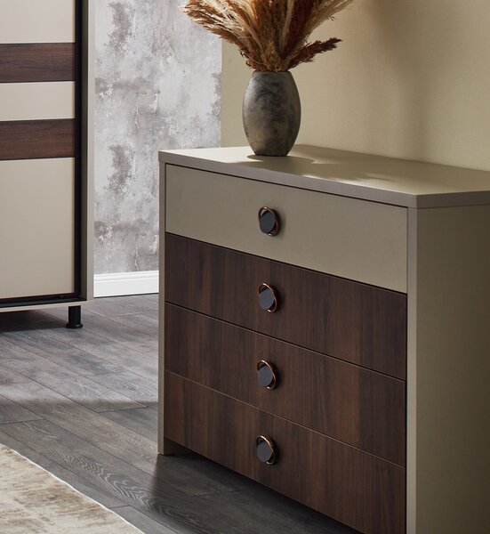 Comoda Cristal, 4 sertare, 110x90x50 cm, Bej si Nuc
